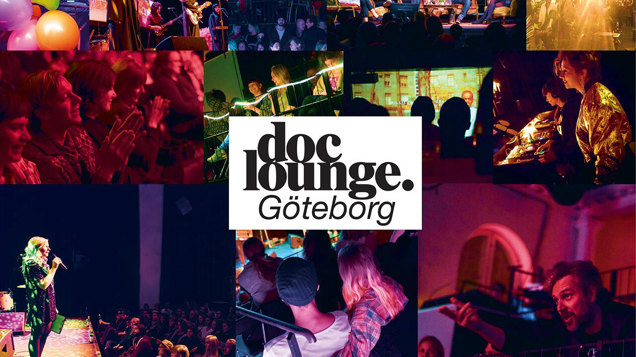 Sammansatt bild som visar publik och personer på scen. I mitten Doc lounge Göteborgs logotyp