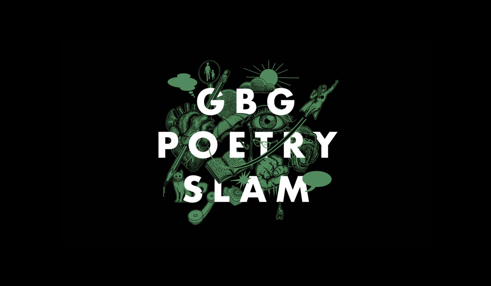 Illustration med texten "Gbg poetry slam" omgivet av illustrationer på en katt, en tankebubbla, sol och moln, ett hjärta, en penna, en telefon, en bok, ett öga, ett paraply och en knuten näve