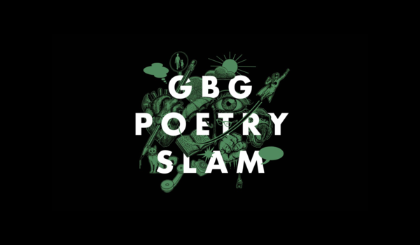 Illustration med texten "Gbg poetry slam" omgivet av illustrationer på en katt, en tankebubbla, sol och moln, ett hjärta, en penna, en telefon, en bok, ett öga, ett paraply och en knuten näve